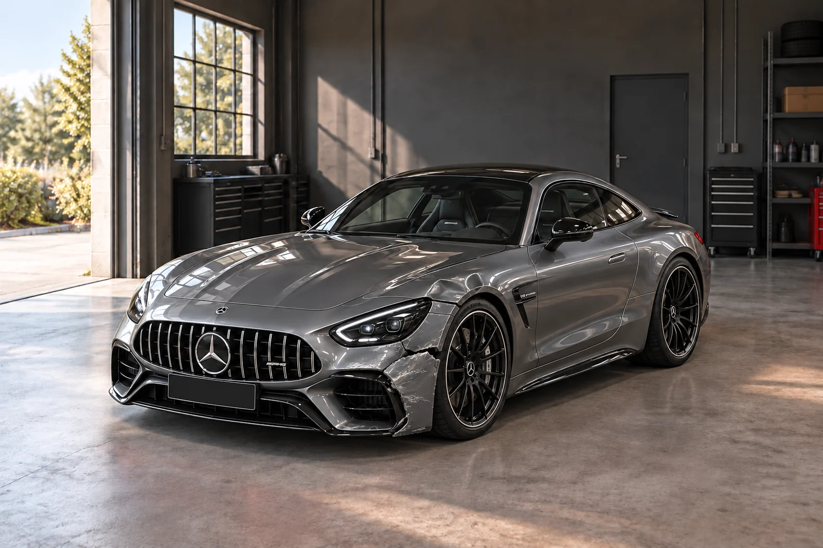 Titanium-grey Mercedes-AMG GT Coupé with illustrative front bumper and body damage. AI-generated image, not CP Nel’s work.