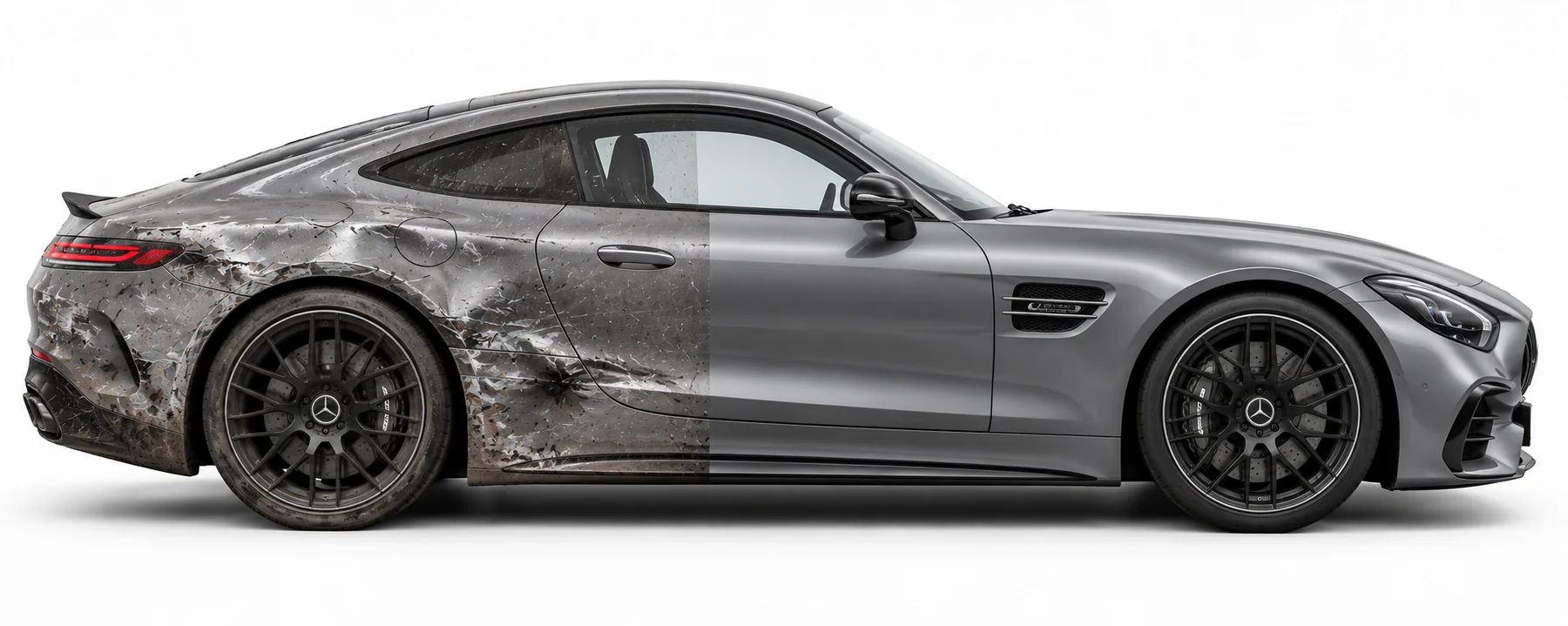 One titanium-grey Mercedes-AMG GT Coupé, with a damaged rear half and pristine front half, illustrating a damaged car returned to its best. AI-generated repair concept, not CP Nel’s work.